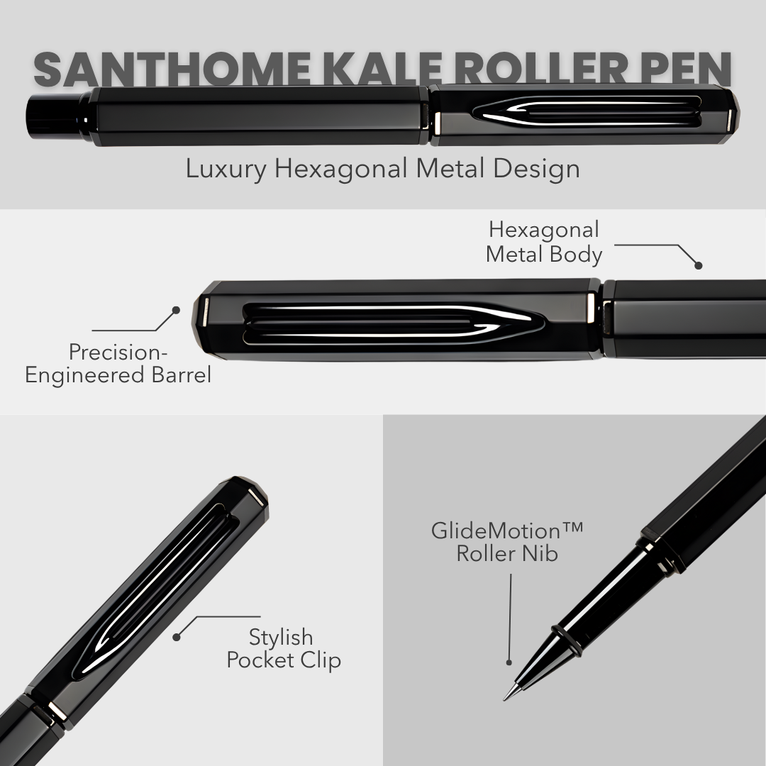 UAE's No.1 - Santhome Luxury Hex-Metal Roller Pen – Gift-Box Edition - Obsidian Black
