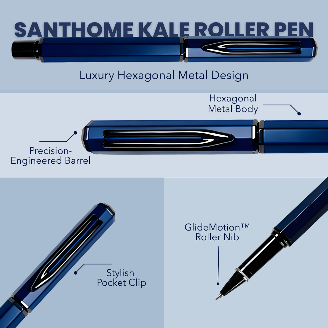 UAE's No.1 - Santhome Luxury Hex-Metal Roller Pen – Gift Box Edition - Midnight Sapphire Blue