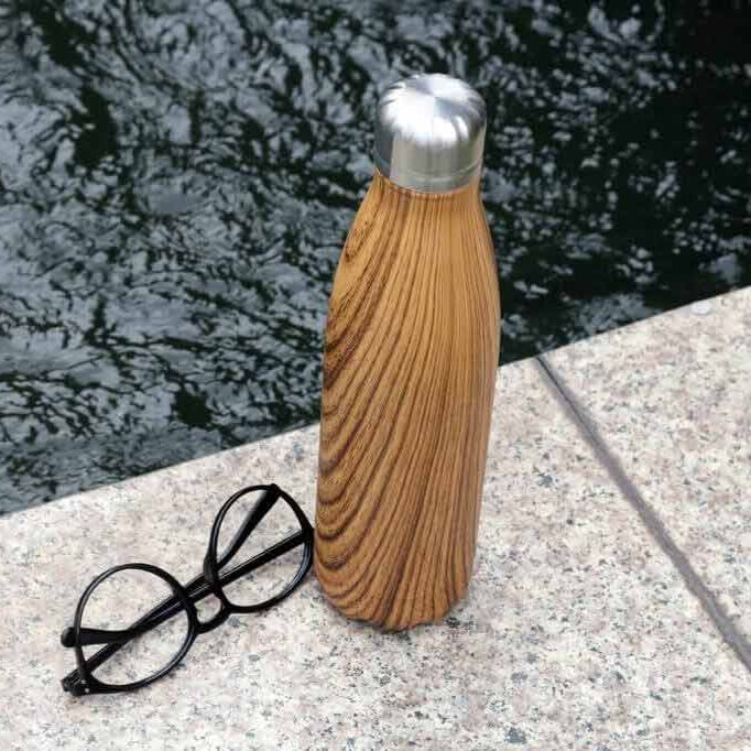 GEYER - Hans Larsen Stainless Steel Water Bottle with Wood Print - Brown